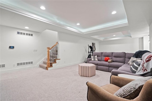 2704 W 74th St, Prairie Village, KS 66208 - living area with recessed lighting, carpet floors, stairway, a raised ceiling, and baseboards