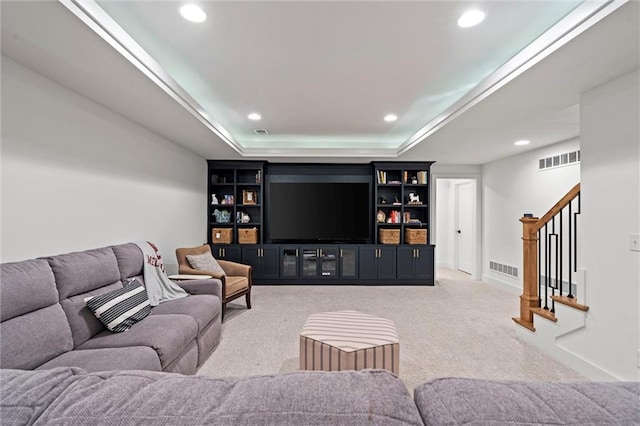 2704 W 74th St, Prairie Village, KS 66208 - carpeted living area with recessed lighting, stairs, and a raised ceiling