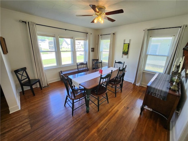 dining room featuring baseboards, ceiling fan, and dark wood-style floors