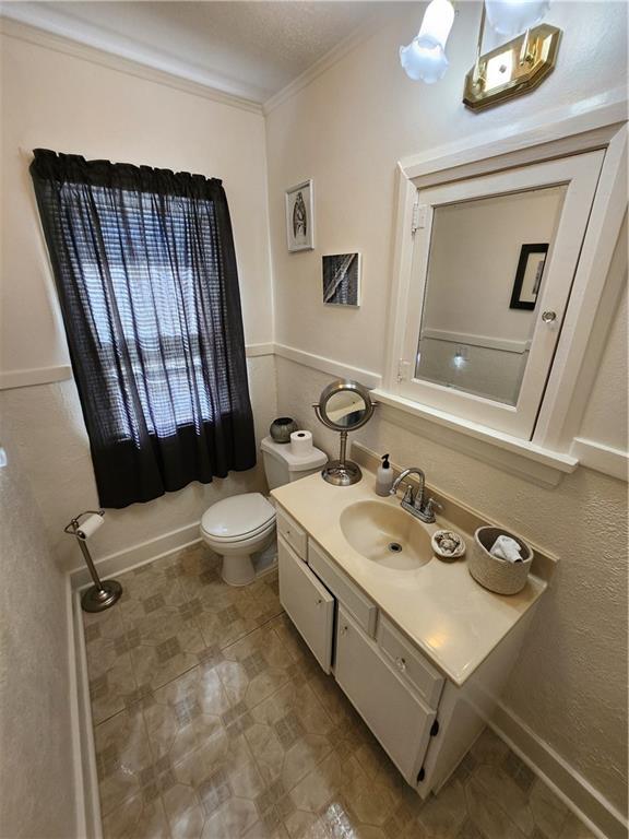 half bath with vanity, ornamental molding, and toilet