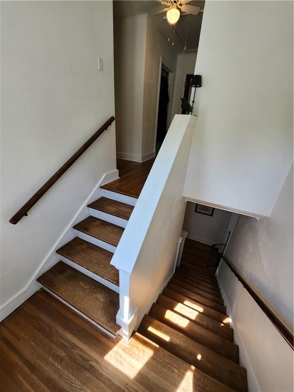 staircase featuring ceiling fan and wood finished floors