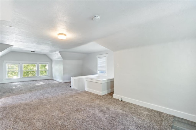 2803 Harrison St, Kansas City, MO 64109 - additional living space featuring lofted ceiling, baseboards, a textured ceiling, and carpet floors