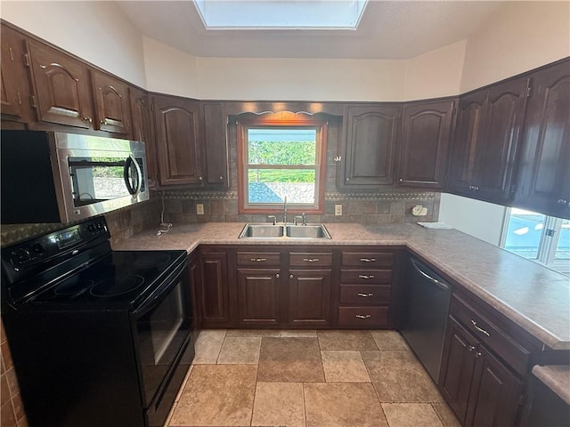 kitchen with backsplash, appliances with stainless steel finishes, dark brown cabinetry, and a sink