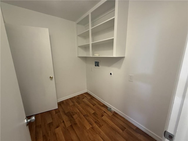 laundry area with baseboards, hookup for a washing machine, dark wood finished floors, laundry area, and electric dryer hookup