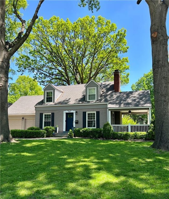 7803 Cambridge St, Prairie Village, KS 66208 - cape cod home featuring a chimney, a front lawn, a shingled roof, and an attached garage