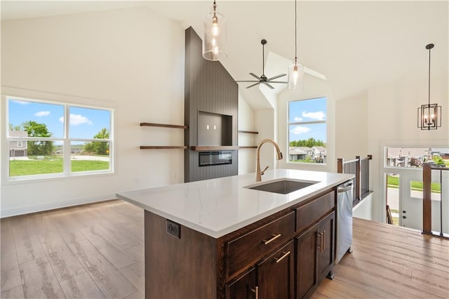 1604 Mulberry St, Pleasant Hill, MO 64080 - kitchen with a sink, high vaulted ceiling, a ceiling fan, dishwasher, and decorative light fixtures
