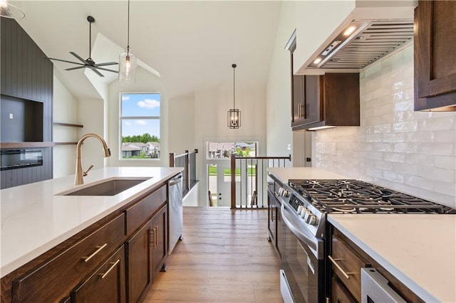 1604 Mulberry St, Pleasant Hill, MO 64080 - kitchen with a sink, appliances with stainless steel finishes, custom range hood, light wood-style flooring, and light countertops