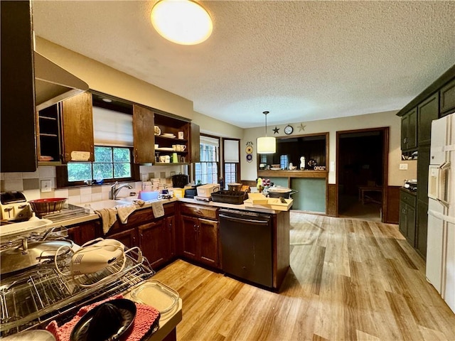 5212 Somerset Dr, Prairie Village, KS 66207 - kitchen featuring dishwasher, open shelves, light wood-style floors, a peninsula, and white fridge with ice dispenser