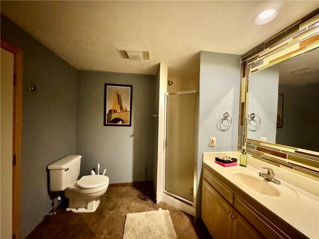 5212 Somerset Dr, Prairie Village, KS 66207 - full bathroom with vanity, a shower stall, toilet, baseboards, and concrete floors