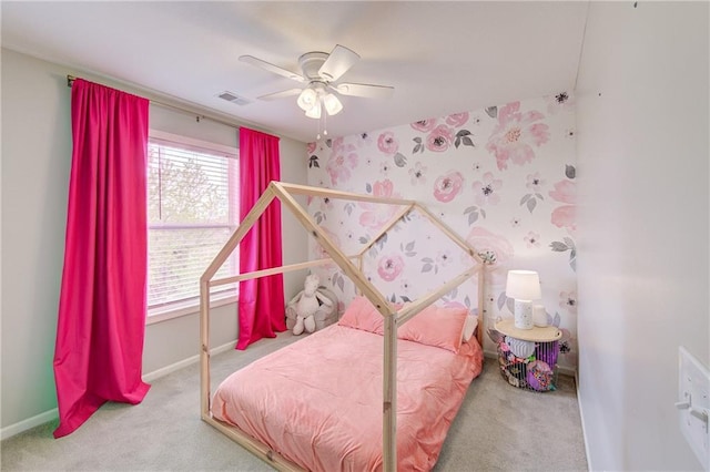 8812 NE 101st St, Kansas City, MO 64157 - bedroom with wallpapered walls, carpet flooring, baseboards, and ceiling fan