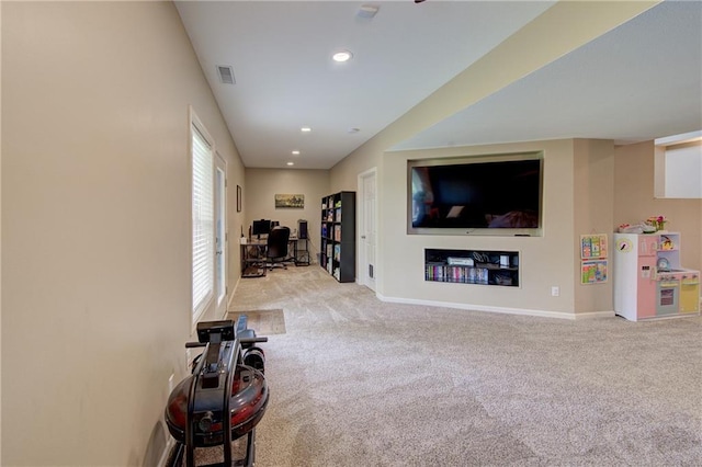 8812 NE 101st St, Kansas City, MO 64157 - carpeted living room featuring an office area, baseboards, and recessed lighting