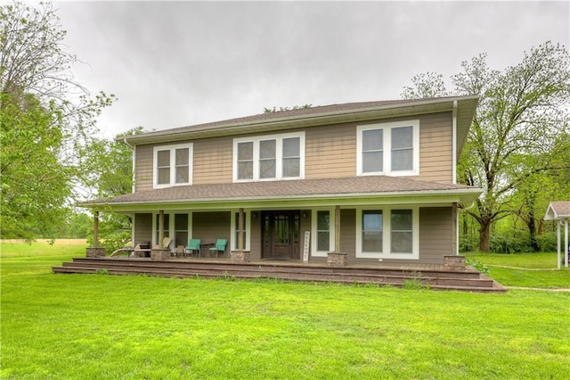 farmhouse with covered porch and a front yard