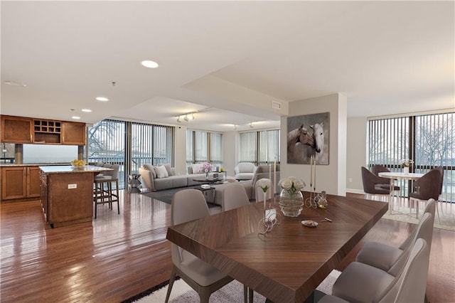 dining space featuring wood finished floors, a wall of windows, and track lighting