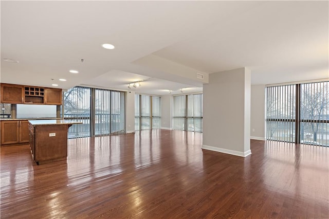 unfurnished living room featuring dark wood-style floors, baseboards, and floor to ceiling windows