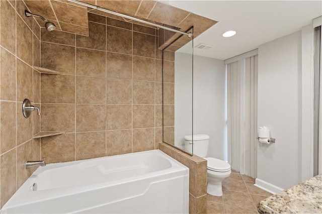 full bath featuring toilet, tile patterned floors, tub / shower combination, and recessed lighting