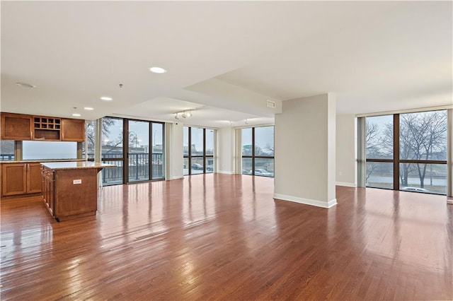 unfurnished living room featuring expansive windows, wood finished floors, and baseboards
