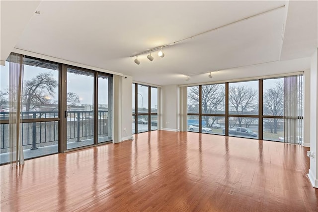 spare room with a wall of windows, wood finished floors, and rail lighting