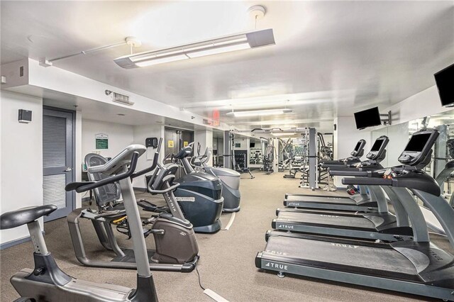 workout area featuring carpet flooring