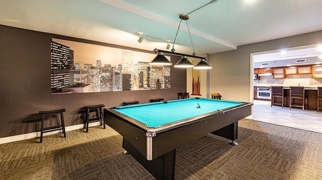 game room with billiards table and carpet flooring