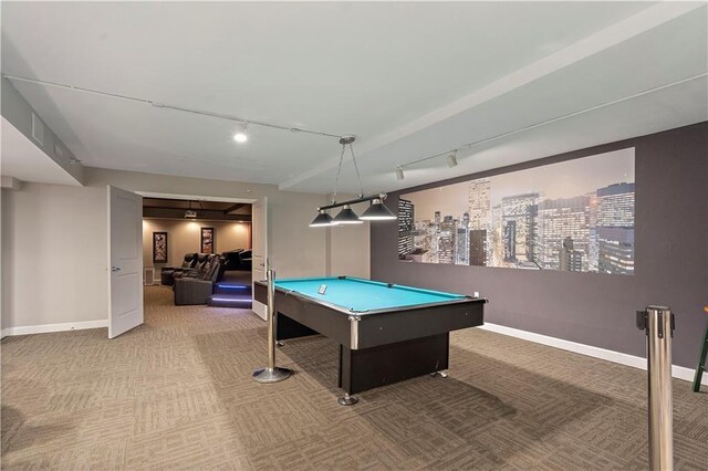 rec room featuring carpet flooring, track lighting, billiards table, and baseboards