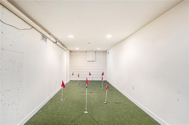 rec room featuring carpet floors, baseboards, and recessed lighting