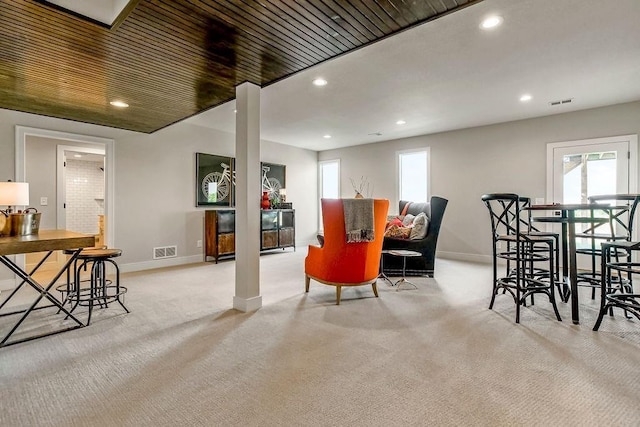 dining space with recessed lighting, visible vents, baseboards, and carpet floors
