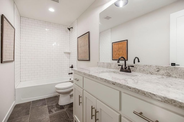 bathroom featuring recessed lighting, toilet,  shower combination, visible vents, and vanity