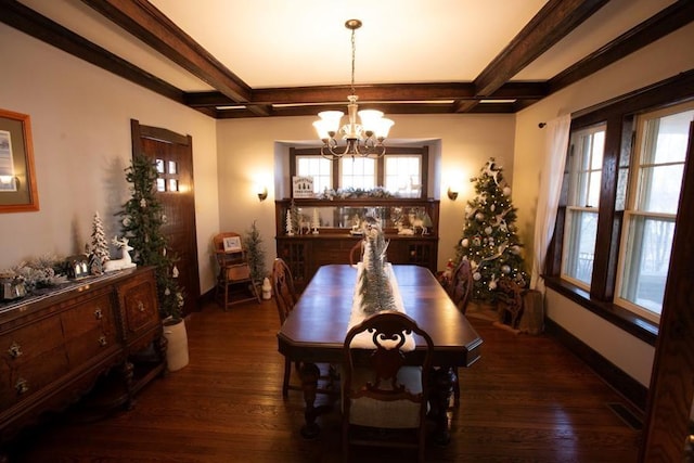 dining room with dark wood finished floors, a chandelier, beam ceiling, and coffered ceiling