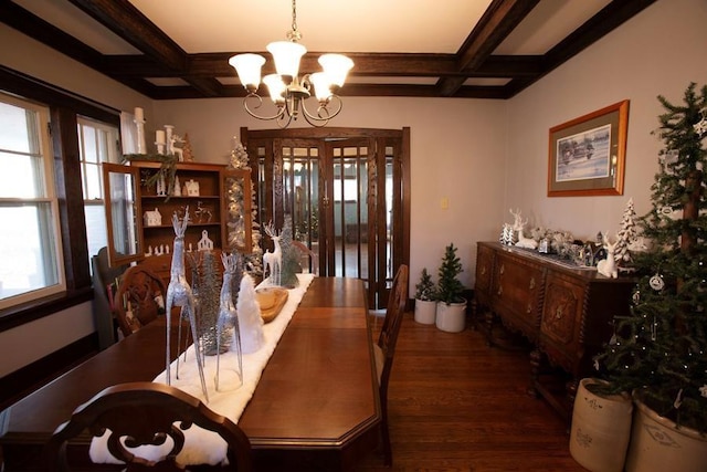 dining room with a notable chandelier, beam ceiling, coffered ceiling, and wood finished floors