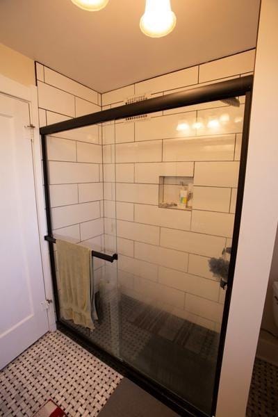 full bathroom featuring toilet and a shower stall