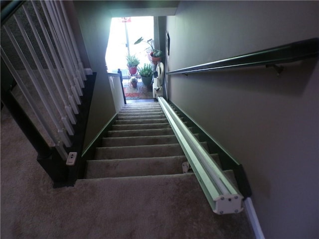 stairway featuring baseboards and carpet floors