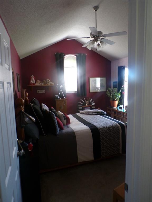 bedroom featuring lofted ceiling and ceiling fan