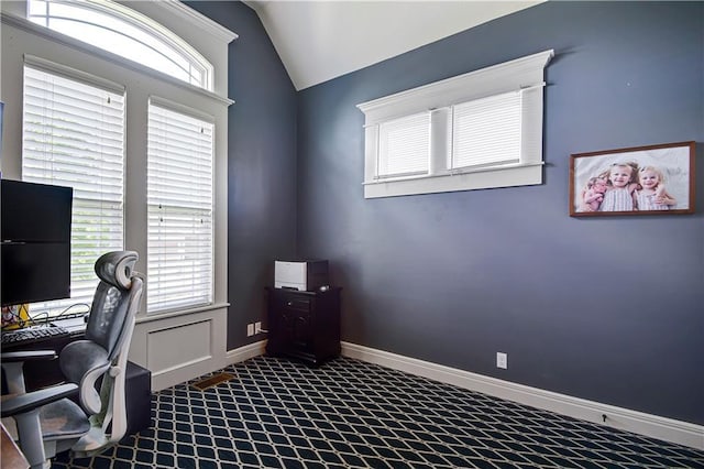 24411 W 70th St, Shawnee, KS 66226 - carpeted office space featuring vaulted ceiling and baseboards