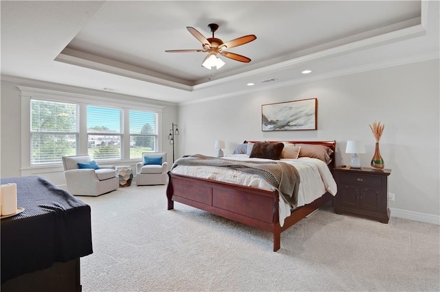 24411 W 70th St, Shawnee, KS 66226 - bedroom with a tray ceiling, carpet flooring, ornamental molding, ceiling fan, and recessed lighting