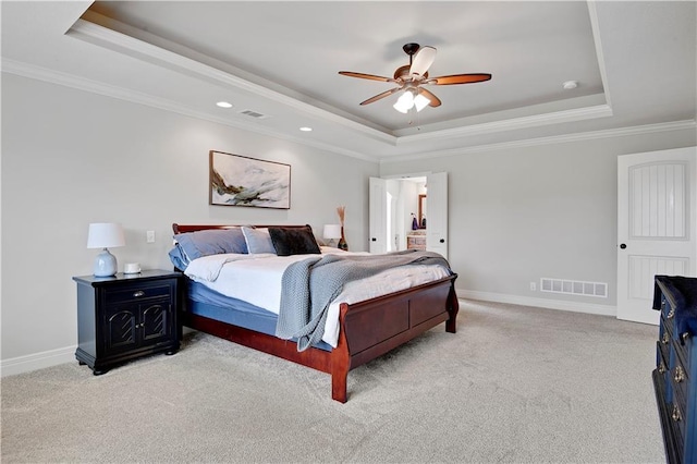 24411 W 70th St, Shawnee, KS 66226 - bedroom featuring a tray ceiling, light colored carpet, crown molding, baseboards, and recessed lighting