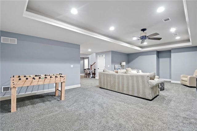 24411 W 70th St, Shawnee, KS 66226 - living room featuring a tray ceiling, carpet flooring, baseboards, recessed lighting, and stairway