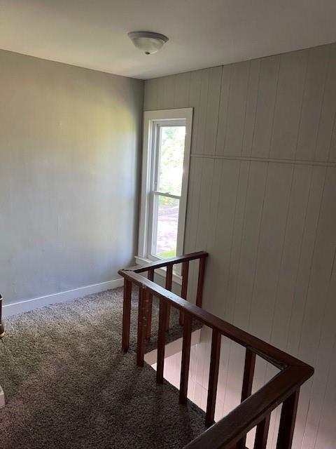 stairs featuring carpet floors and baseboards