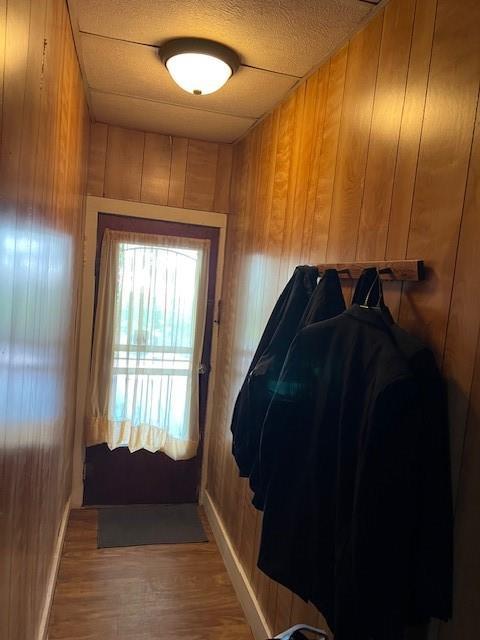 doorway to outside with wooden walls, wood finished floors, and baseboards