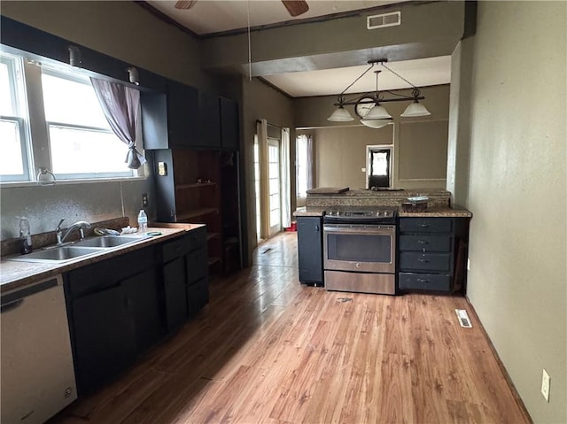kitchen featuring light wood-style flooring, dishwasher, visible vents, a sink, and stainless steel range with electric cooktop