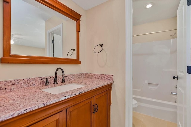full bath featuring vanity, shower / bathtub combination, toilet, and tile patterned flooring