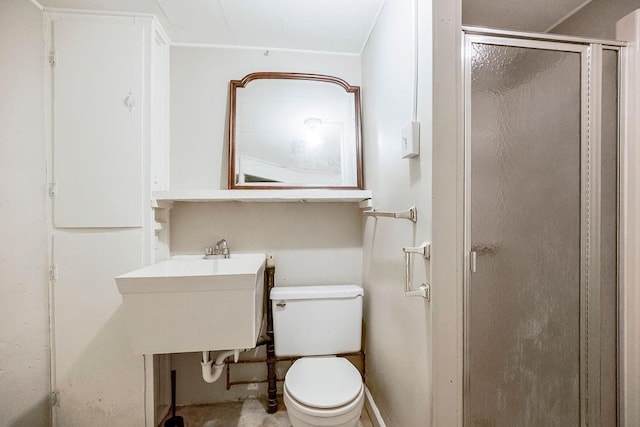 bathroom featuring a stall shower, toilet, and a sink
