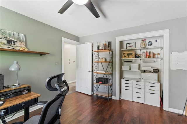 9808 N Hedges Ave, Kansas City, MO 64157 - office area with ceiling fan, wood finished floors, and baseboards