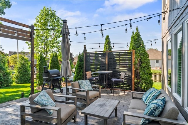 9808 N Hedges Ave, Kansas City, MO 64157 - view of patio / terrace featuring an outdoor living space, grilling area, and fence