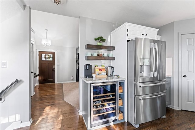 9808 N Hedges Ave, Kansas City, MO 64157 - kitchen with stainless steel refrigerator with ice dispenser, wine cooler, open shelves, white cabinets, and dark wood-type flooring