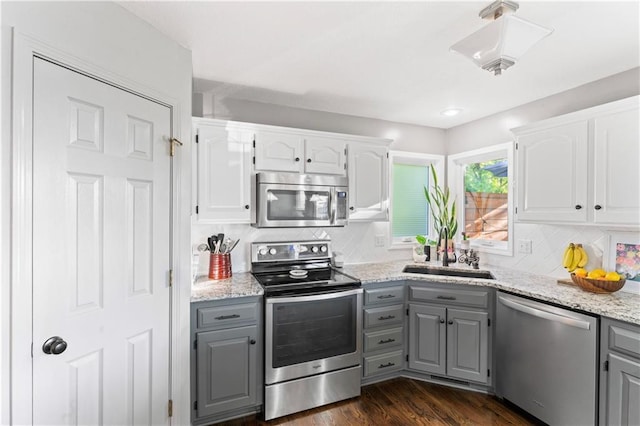 9808 N Hedges Ave, Kansas City, MO 64157 - kitchen featuring stainless steel appliances, gray cabinets, a sink, and white cabinets