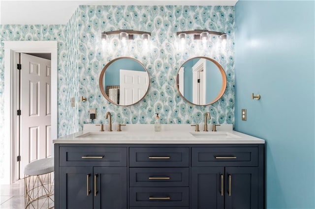 9808 N Hedges Ave, Kansas City, MO 64157 - full bathroom with wallpapered walls and double vanity