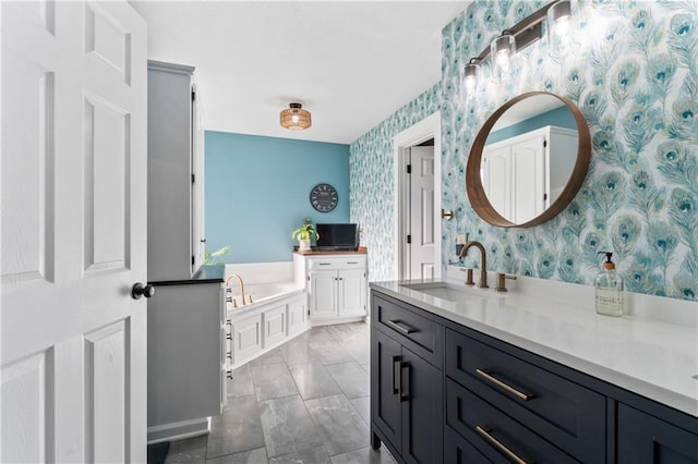 9808 N Hedges Ave, Kansas City, MO 64157 - full bath featuring wallpapered walls, vanity, and a bath