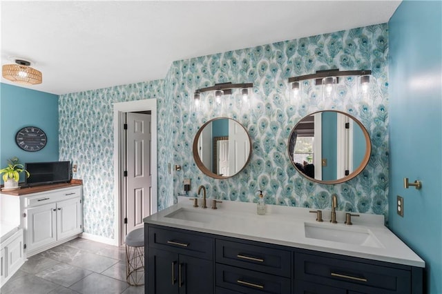 9808 N Hedges Ave, Kansas City, MO 64157 - full bathroom with wallpapered walls and double vanity