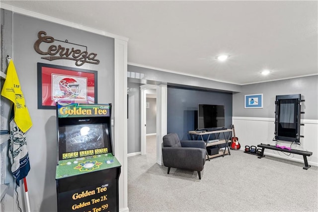 9808 N Hedges Ave, Kansas City, MO 64157 - playroom featuring carpet flooring, crown molding, recessed lighting, and wainscoting