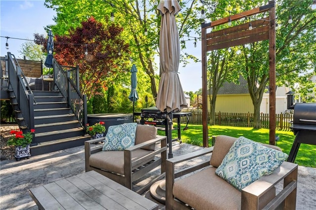 9808 N Hedges Ave, Kansas City, MO 64157 - view of patio featuring a covered hot tub and stairs